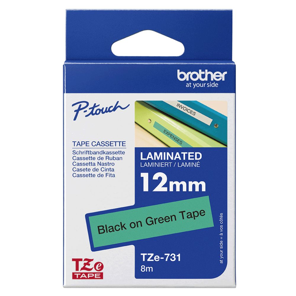 Fita Original Brother TZe731 Laminada Texto Preto em Fundo Verde 12mm x 8 metros - Image 3