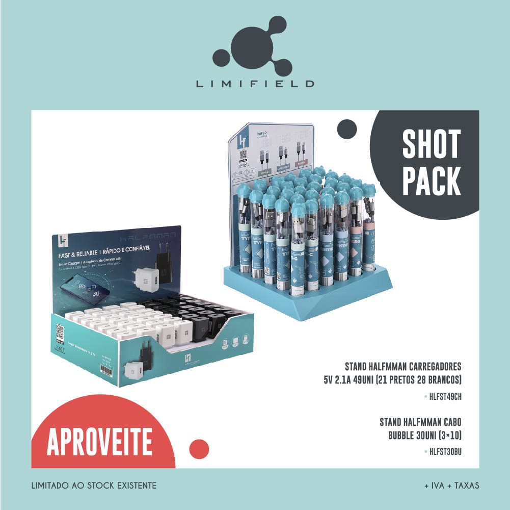ShotPack - Stand Halfmman Carregadores 5V 2.1A 49Uni (21 Pretos 28 Brancos) + Stand Halfmman Cabo Bubble 30Uni (3×10)