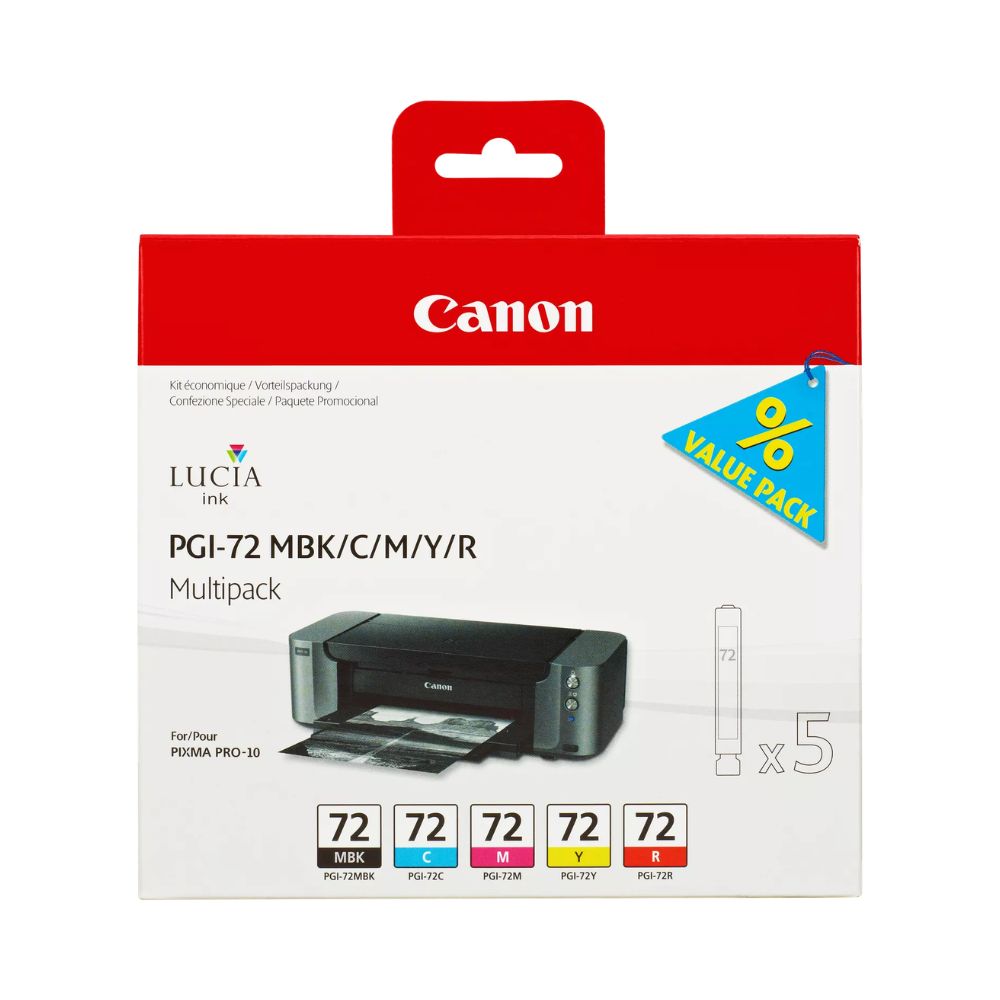 Tinteiro Original Canon PGI72 Pack de 5 Cores - Preto Mate Azul Magenta Amarelo Vermelho 6402B009