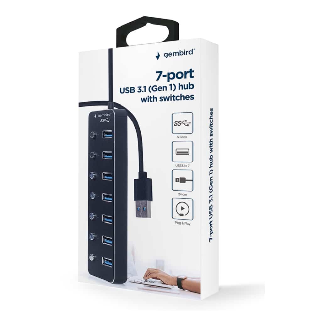 Hub Usb3.0 Gembird com 7 Portas Usb 3.0 Com On/Off Preto - Image 4