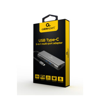 Adaptador Gembird Type-C 5IN1 2USB HDMI 4K Gigabit Lan Leitor Cartoes e Usb TypeC PD