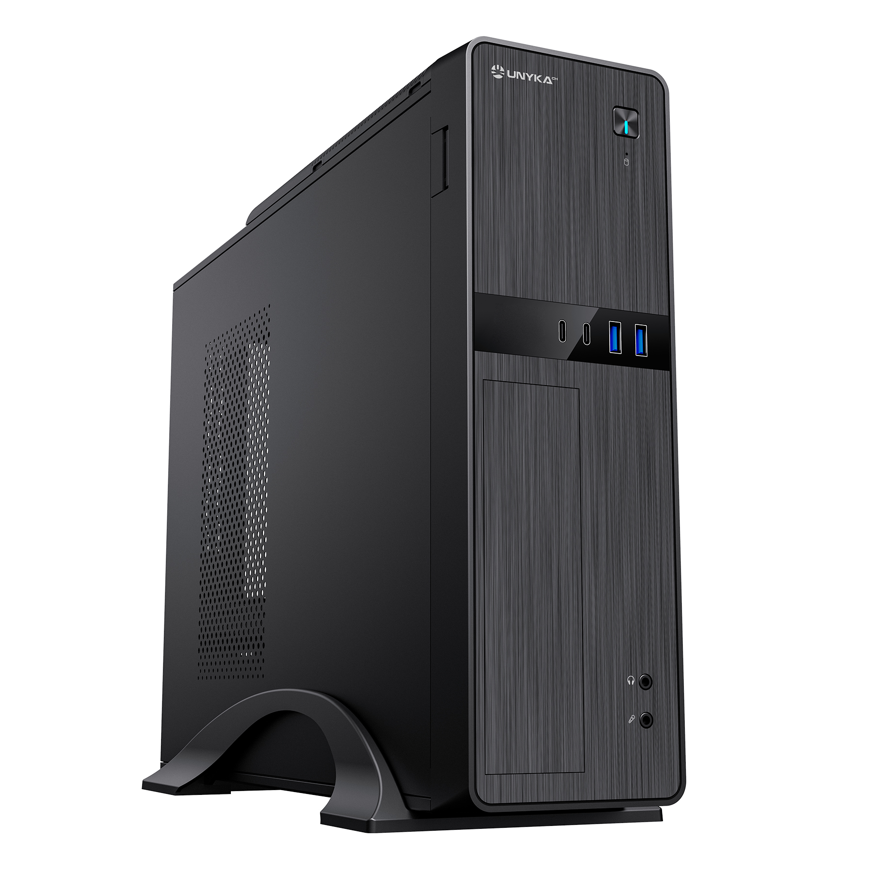 Caixa Slim Unykach UK52112 MicroATX Fonte SFX 450W Suporta 3.5" e 2.5" USB-A 3.2 USB-C e Audio