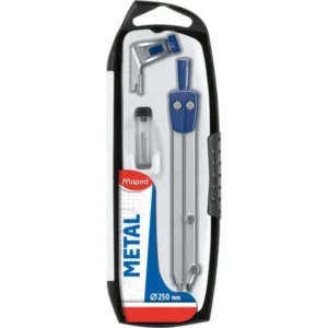 Compasso metálico Maped Start Metal – com braço articulado para maior precisão. Inclui adaptador para utilização com lápis e minas de substituição oferecendo maior durabilidade e versatilidade