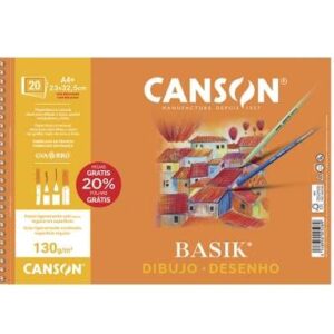 Bloco de desenho em espiral da marca Canson Basik formato A4+ com 20 folhas de papel branco de 130 g/m² Inclui moldura de enquadramento Dimensões: 23 × 32.5 cm