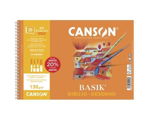 Bloco de desenho em espiral da marca Canson Basik formato A4+ com 20 folhas de papel branco de 130 g/m² Inclui moldura de enquadramento Dimensões: 23 × 32.5 cm