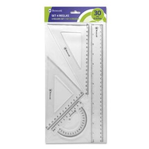 Conjunto de Réguas para a Escola Bismark inclui régua de 30 cm / esquadro de 12.5 cm / esquadro de 17.5 cm e transferidor de 10 cm Acondicionado em bolsa transparente