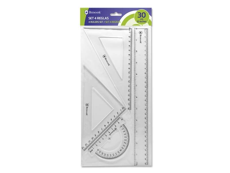 Conjunto de Réguas para a Escola Bismark inclui régua de 30 cm / esquadro de 12.5 cm / esquadro de 17.5 cm e transferidor de 10 cm Acondicionado em bolsa transparente