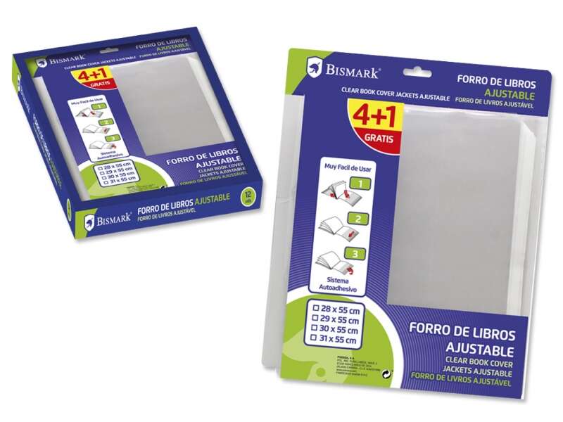Pack de 5 Forras Bismark para Livros de 310mm em polipropileno Aba ajustável Fácil de forrar em 3 passos Não necessita de cortar nem de utilizar fita adesiva Transparente
