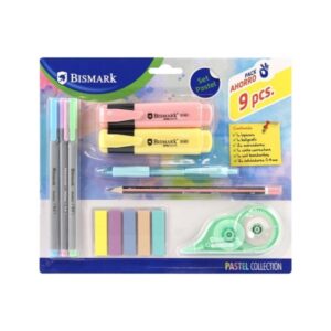 Conjunto Escolar Pastel Bismark composto por lápis / esferográfica / 2 marcadores / fita corretora / conjunto de marcadores de página autocolantes em PET e 3 canetas de ponta fina (0.44 mm)