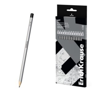 Conjunto de 12 lápis ErichKrause Art de grafite com graduações de 2H a 8B. Corpo hexagonal para maior conforto, mina totalmente colada para maior resistência à quebra e fácil de afiar. Acabamento na cor prata.