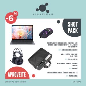 Shot Pack - CHUWI Corebook X Ryzen 5 5500U 16Gb 512GB + Mala Portátil + Rato Gaming + Auscultadores Gaming