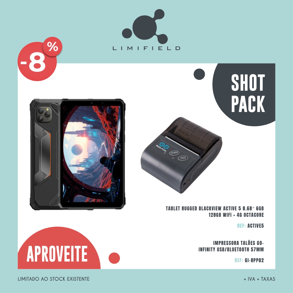 Shot Pack - Mobilidade Tablet Rugged Active 5 + Impressora 57mm Portátil